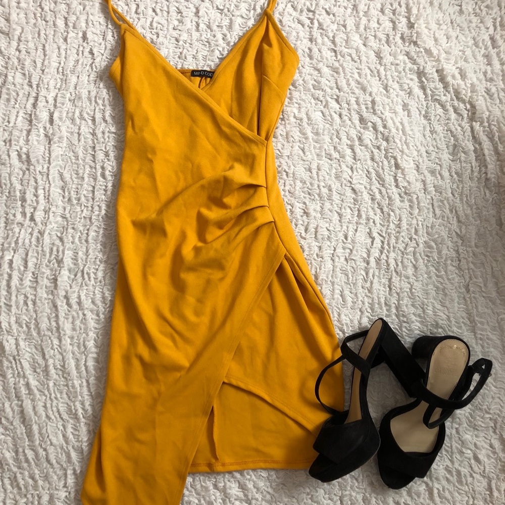 mustard yellow wrap dress